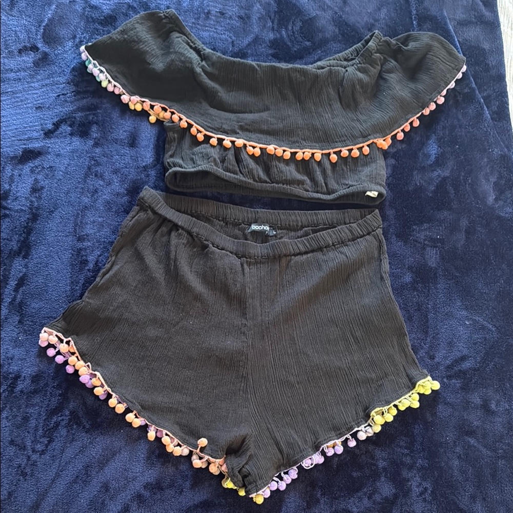 Black Two-Piece Set with Colorful Pom-Poms